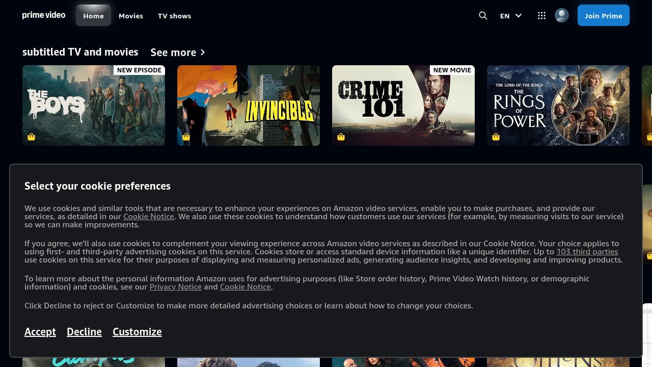A screenshot of the Amazon Prime Video homepage, illustrating its diverse range of films and shows.