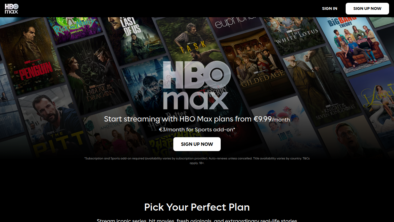 A view of the Max (formerly HBO Max) homepage, highlighting its focus on prestige content.