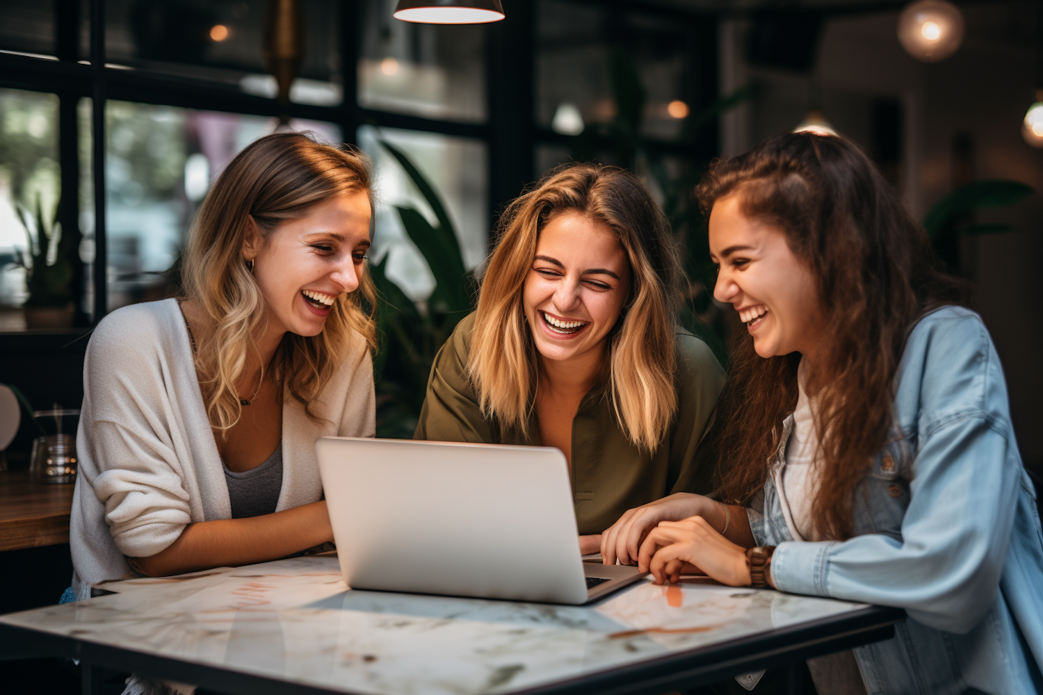 A group of friends laughing together while watching a romantic comedy, illustrating the importance of ensemble chemistry.