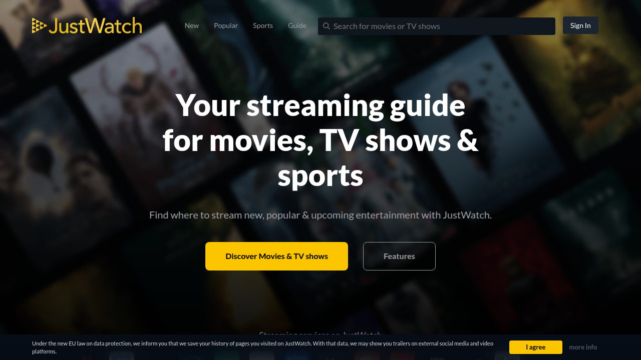 The JustWatch website, a third-party aggregator tool for finding where films and TV shows are streaming across multiple services.