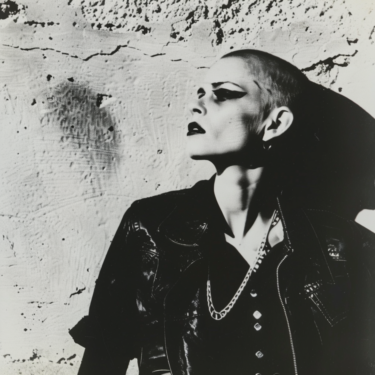 A woman with a wild, punk-inspired look, conveying fierce and electric energy, reminiscent of Daryl Hannah's iconic role as Pris Stratton in Blade Runner.