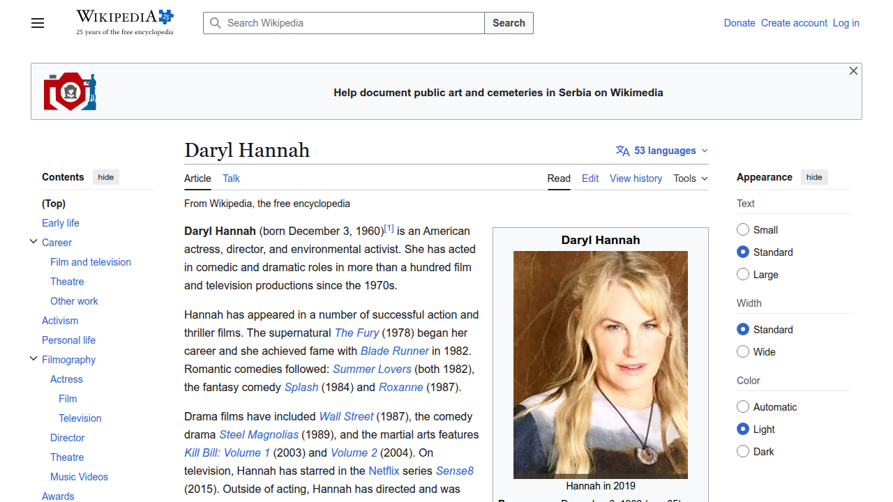The Wikipedia page for Daryl Hannah, detailing her extensive filmography and career milestones that began with The Fury and launched into sci-fi stardom with Blade Runner.