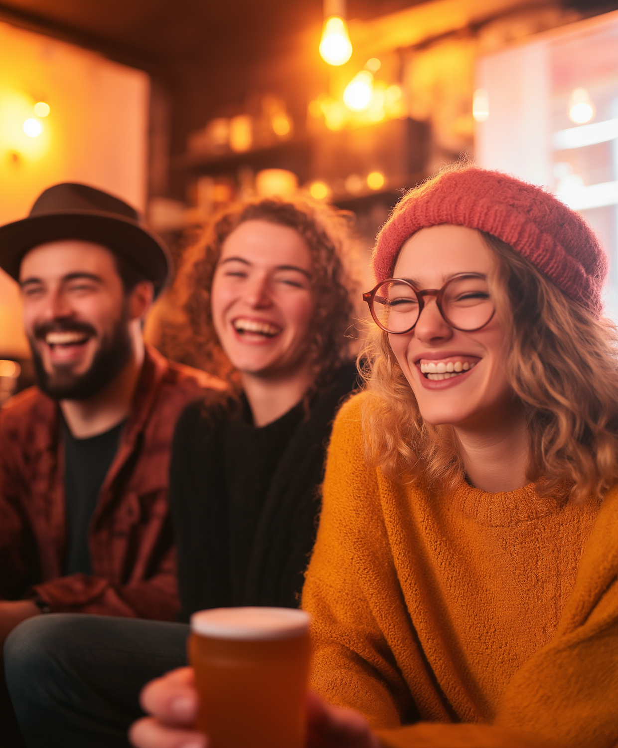 Friends gathered together, laughing wholeheartedly while watching a comedy film on a screen, highlighting the shared joy of humor.