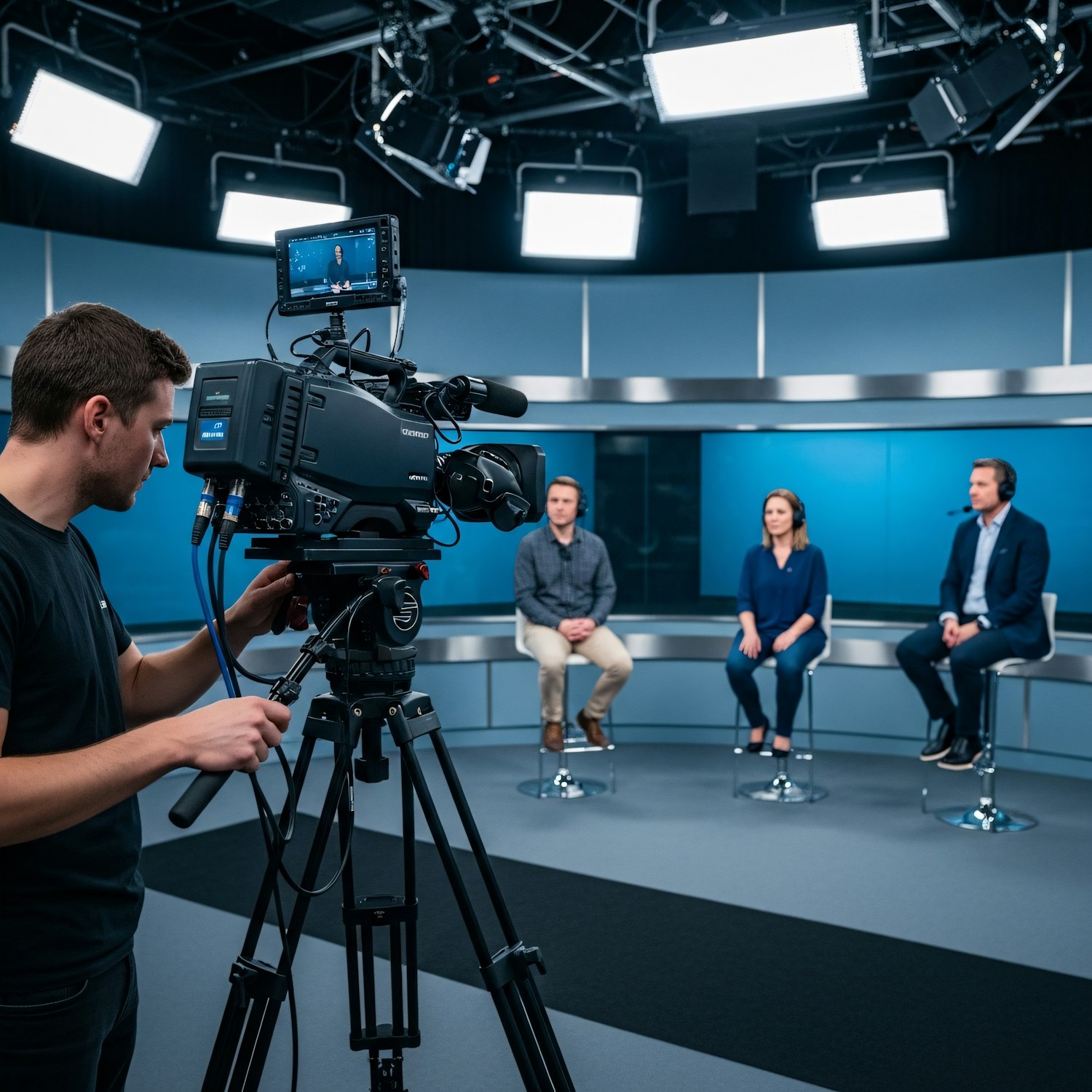 A group of filmmakers, including a director and writers, collaborating on a movie set, discussing a script with focused expressions.