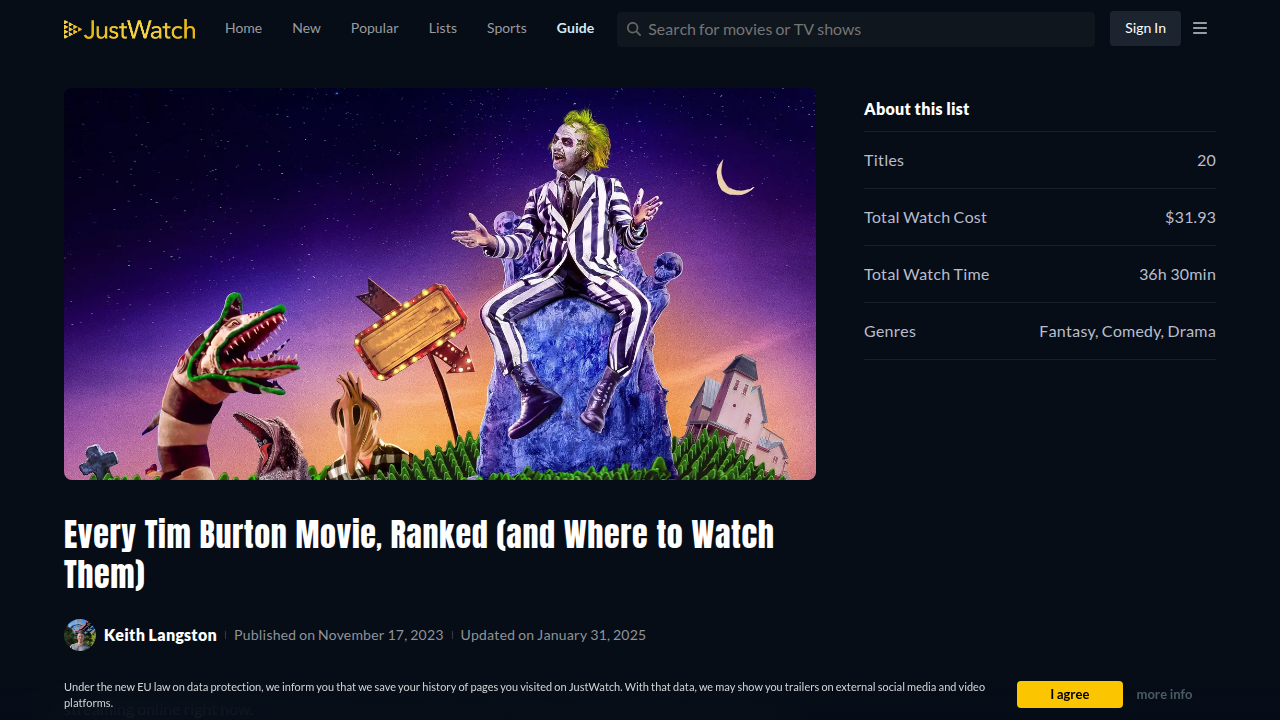 JustWatch offers a comprehensive guide to finding where to stream Tim Burton's filmography.