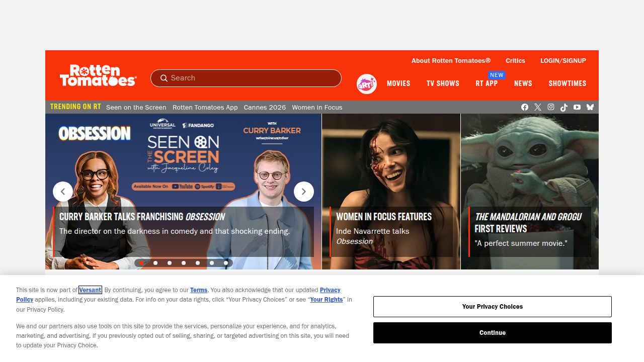 The homepage of Rotten Tomatoes, a popular film review aggregator, providing audience and critic scores for movies.