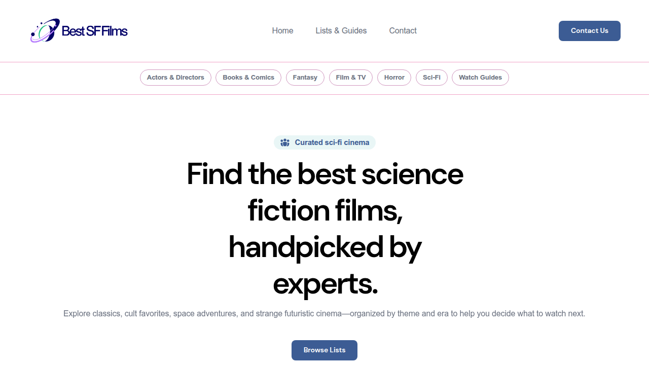 The homepage of Bestsffilms.com, offering curated lists and guides for science fiction and genre films.