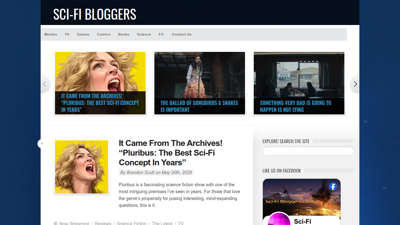 Screenshot of the Sci-Fi Bloggers website, a platform for discussions and lists about iconic sci-fi actors and films.