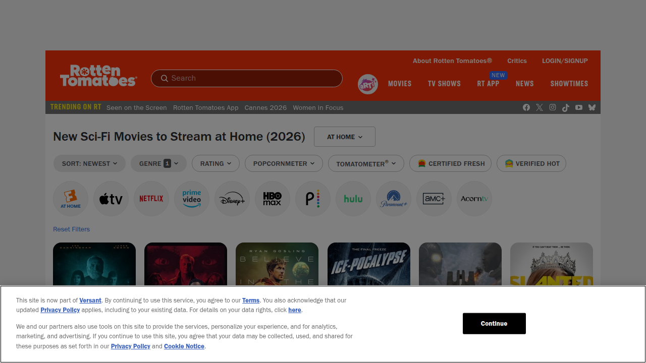 A screenshot of Rotten Tomatoes' curated list of new sci-fi movies, showing scores and streaming availability.