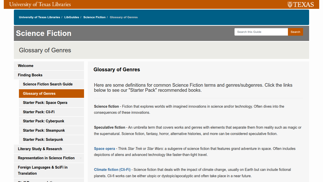 A page from the University of Texas at Austin's genre glossary, defining 'space opera' and its characteristics.