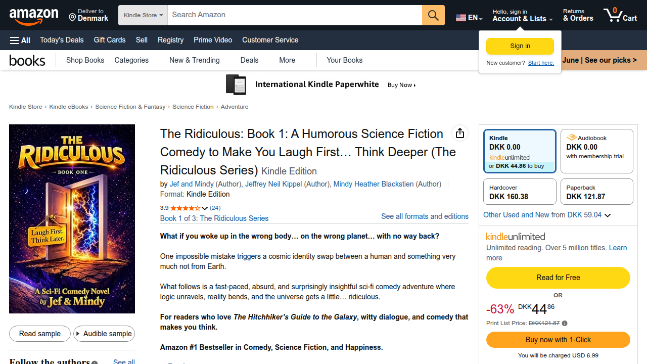 Screenshot of the Amazon product page for 'The Ridiculous,' a recommended sci-fi comedy.