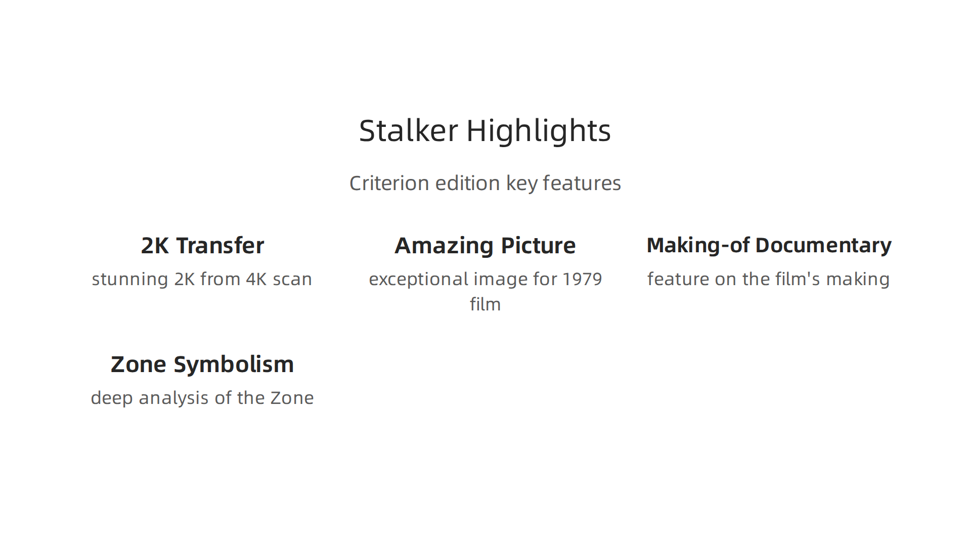 Key features and enhancements of the Criterion Collection's release of Andrei Tarkovsky's 'Stalker.'