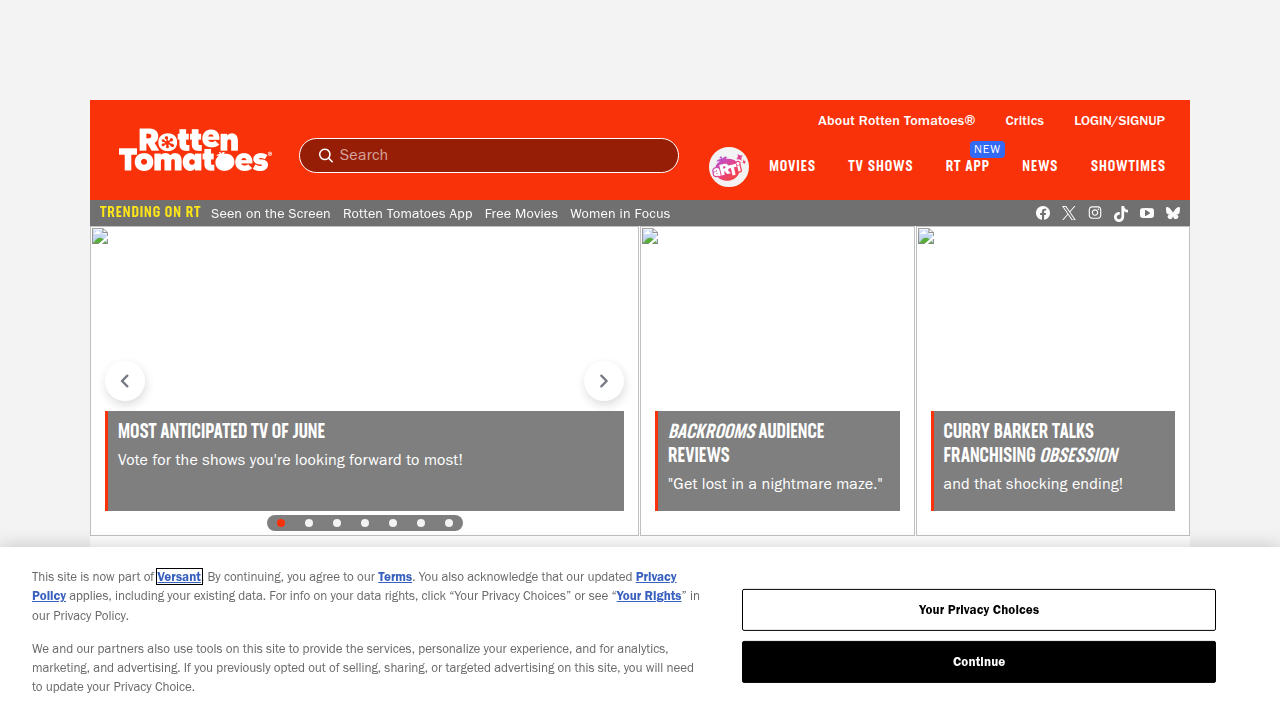 Screenshot of the Rotten Tomatoes homepage, a trusted source for movie reviews.