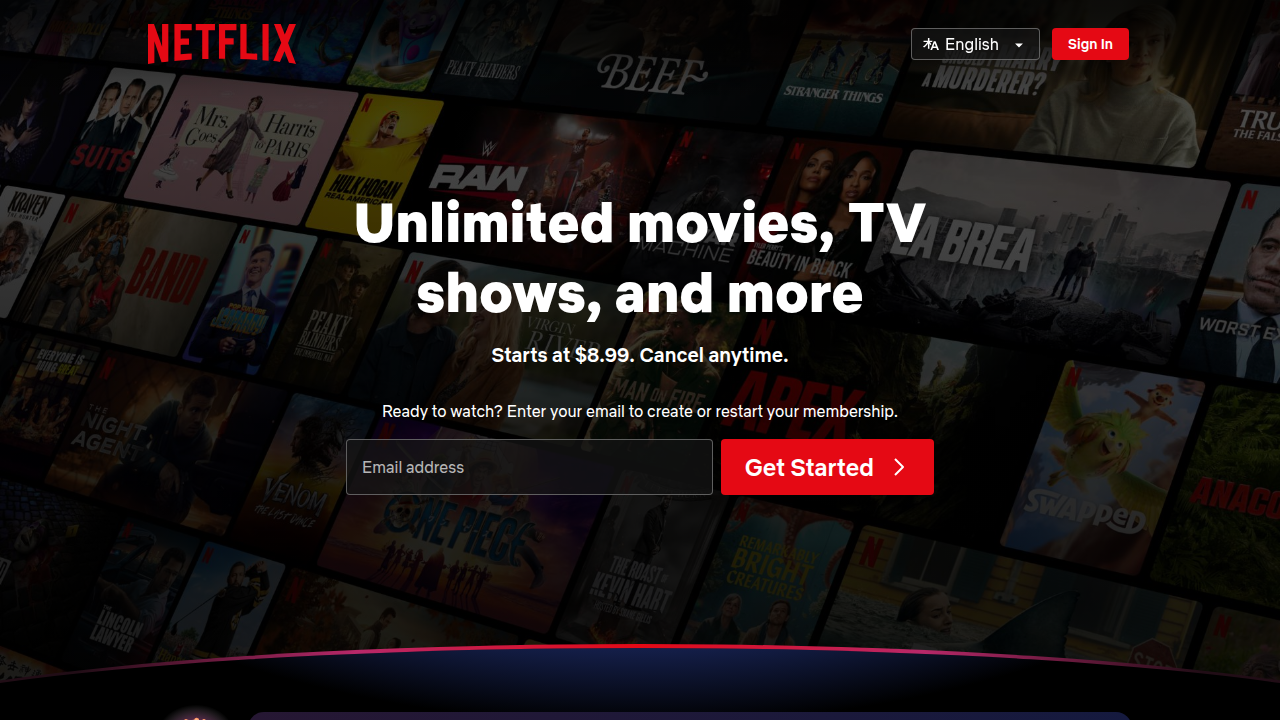 Screenshot of the Netflix homepage, a leading streaming service for films and series.