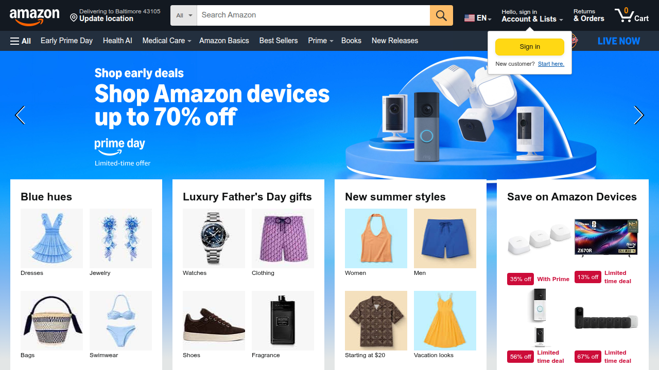 The Amazon.com homepage, a leading online marketplace for books, products, and digital content.