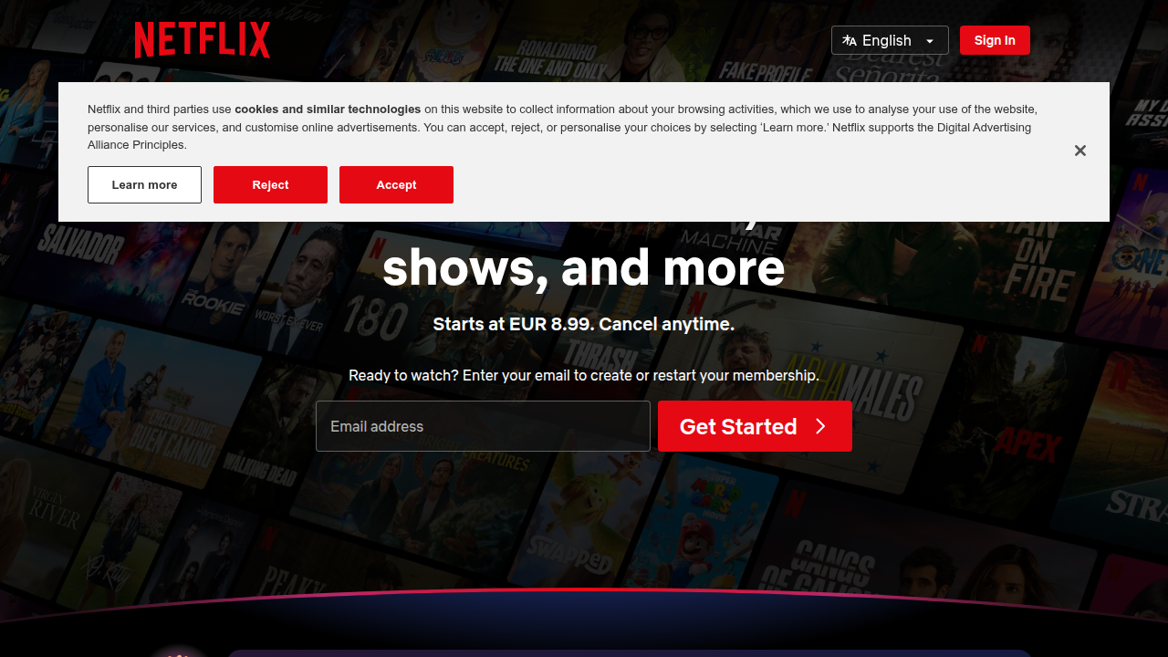 Netflix's homepage, a gateway to a vast library of films and shows, including racing content.