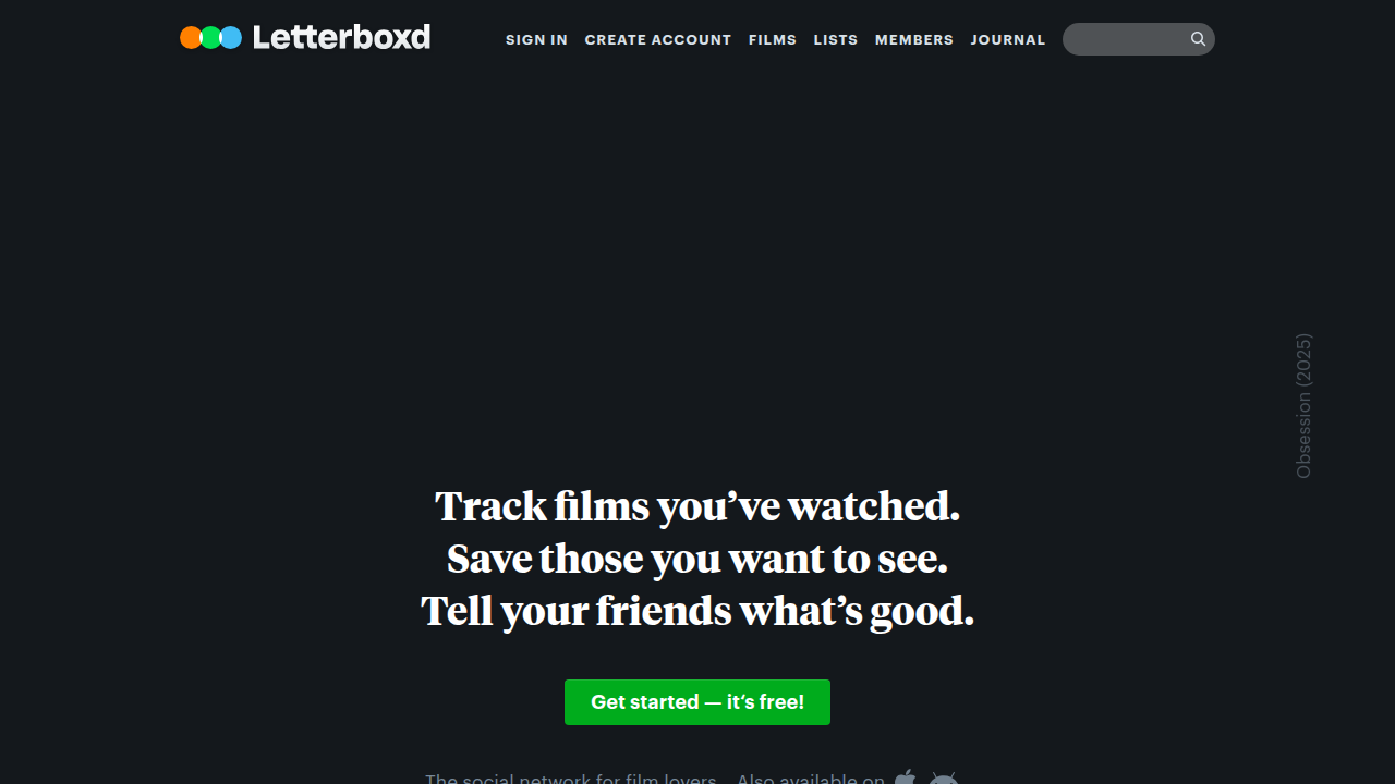 Screenshot of Letterboxd.com, a social platform for film enthusiasts to log, review, and discover movies.