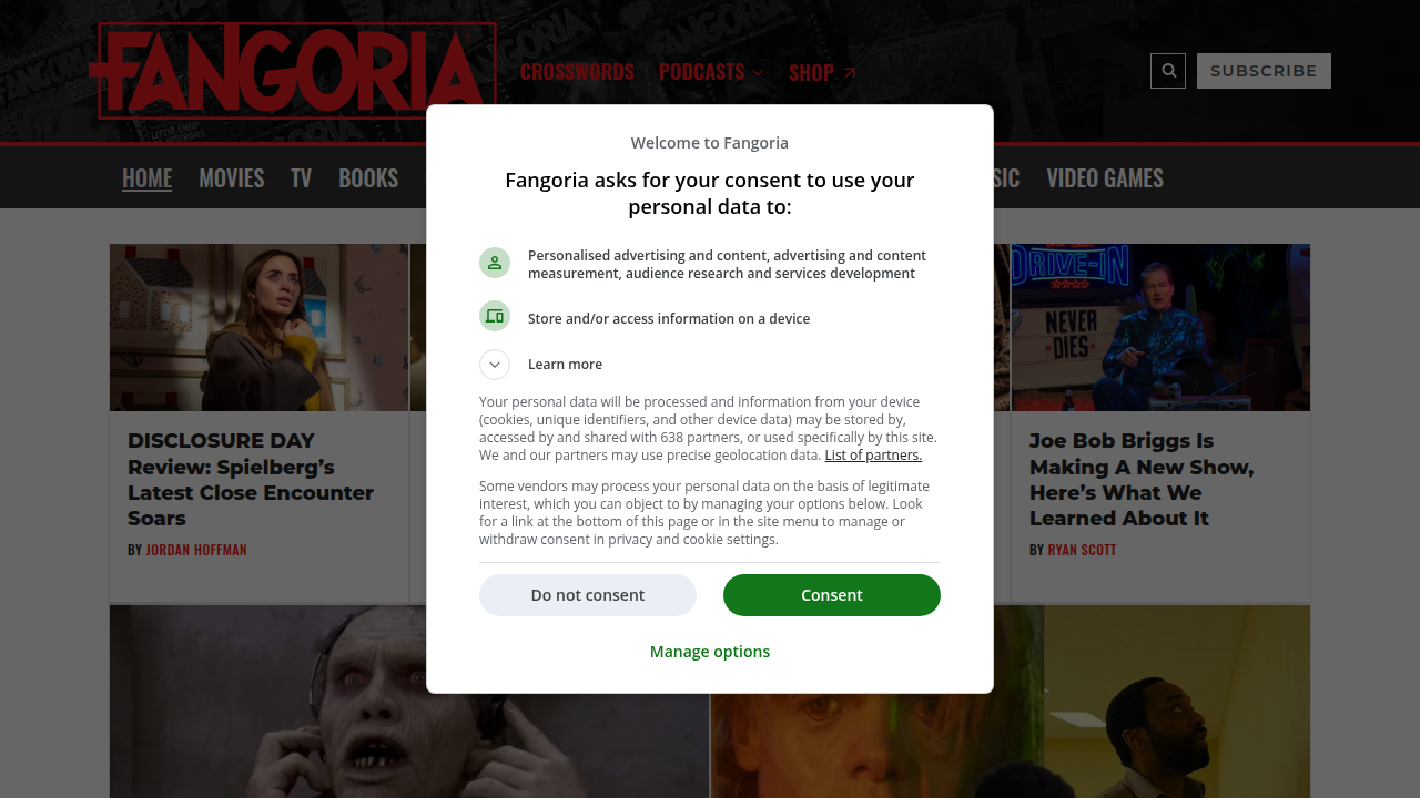Screenshot of Fangoria.com, a prominent online magazine and resource for horror film news, reviews, and culture.